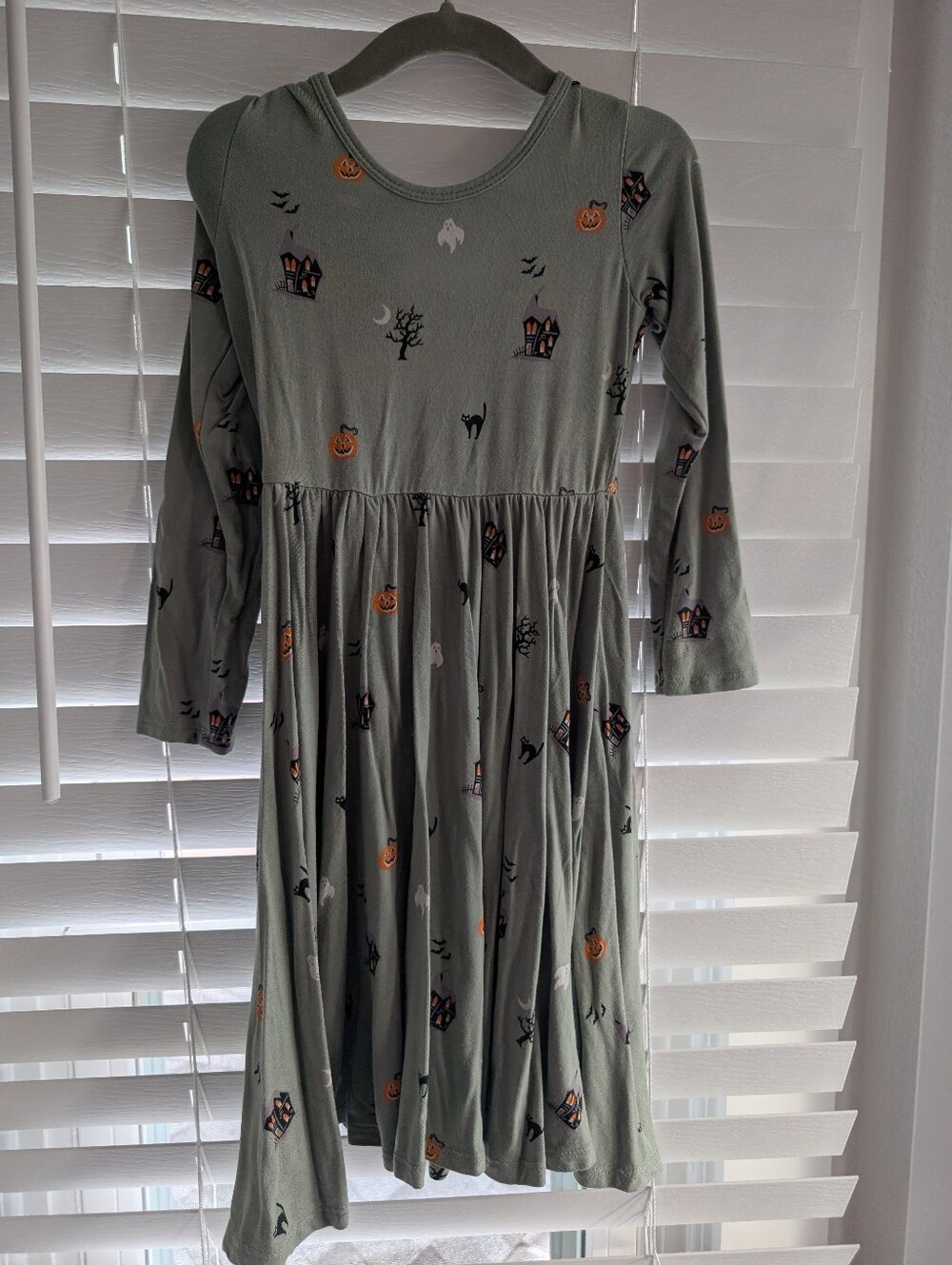 Kyte BABY Sage Green Spooky Halloween Print Long Sleeve Twirl Dress